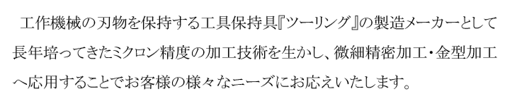 工作機械の刃物を保持する工具保持具「ツーリング」の製造メーカーとして長年培ってきたミクロン精度の加工技術を生かし、微細精密加工・金型加工へ応用することでお客様のニーズにお応えいたします。