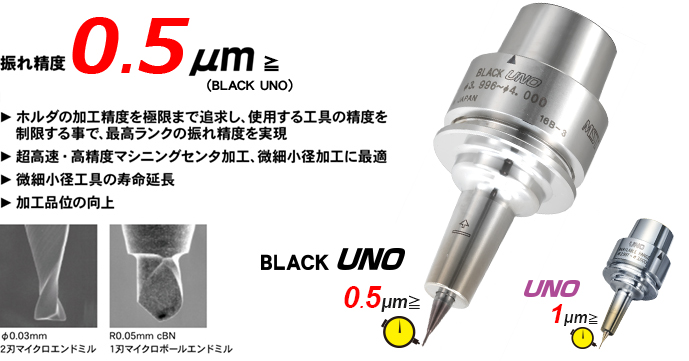 振れ精度1μm以下を実現するホルダ「スリムラインUNO」、振れ精度0.5μm以下を実現するホルダ「スリムラインBLACK UNO」